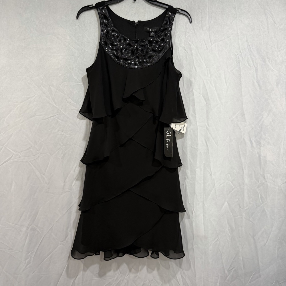 SL Fashions Black Sleeveless Tiered Cocktail Dress Sequin Embellished Size 12
